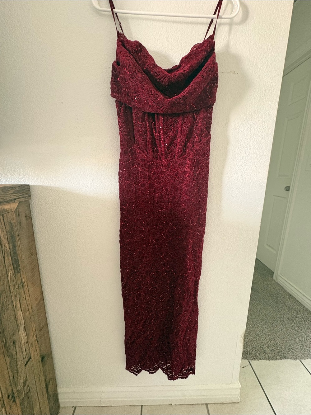 Bear Dance Burgundy Lace Sequin Spaghetti Strap Dress